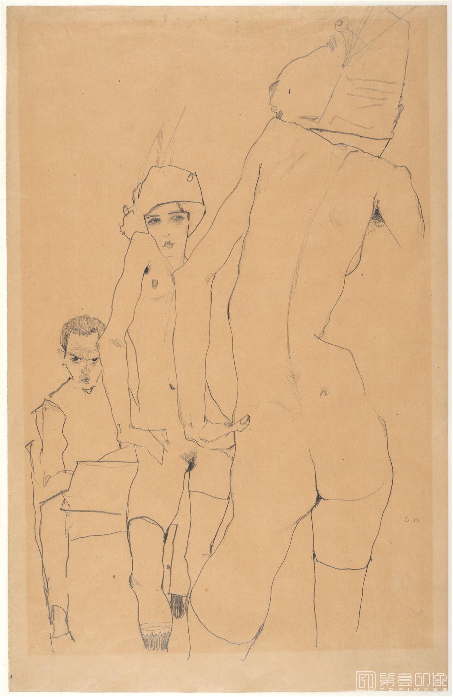 速写-奥地利维也纳阿尔贝蒂娜博物馆-Egon Schiele–Schiele with Nude Model before the Mirr-050